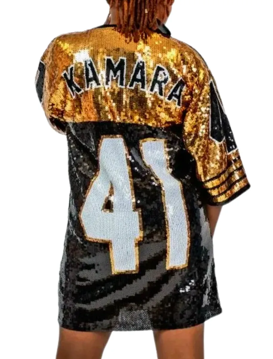 Alvin Kamara Black & Gold #41 Sequin Jersey Dress The Who Dat Store Alvin Kamara Black & Gold #41 Sequin Jersey Dress The Who Dat Store