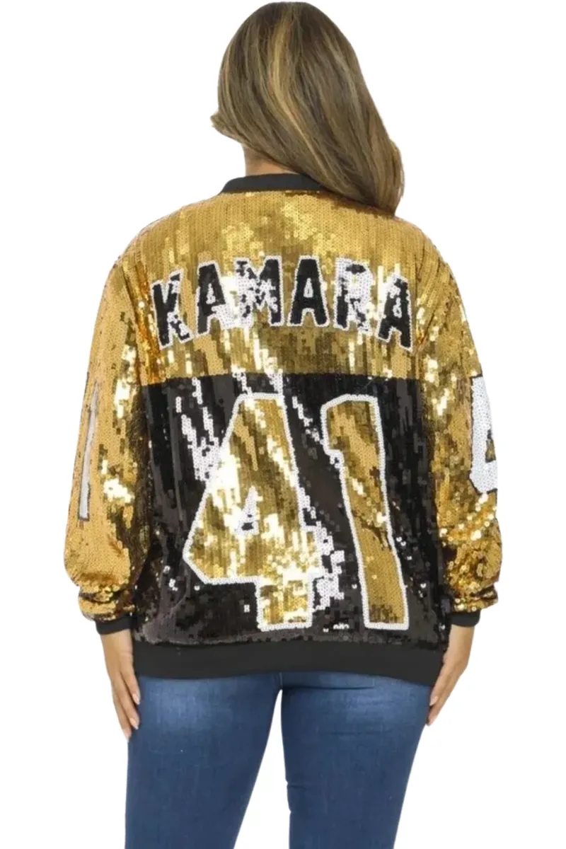 Alvin Kamara Black & Gold #41 Sequin Bomber Jacket