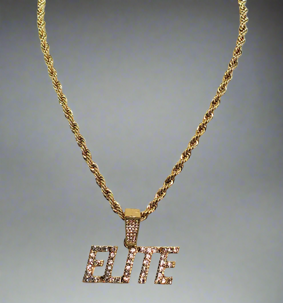 Men's Gold Plated "ELITE" Rhinestone Charm Pendant Necklace