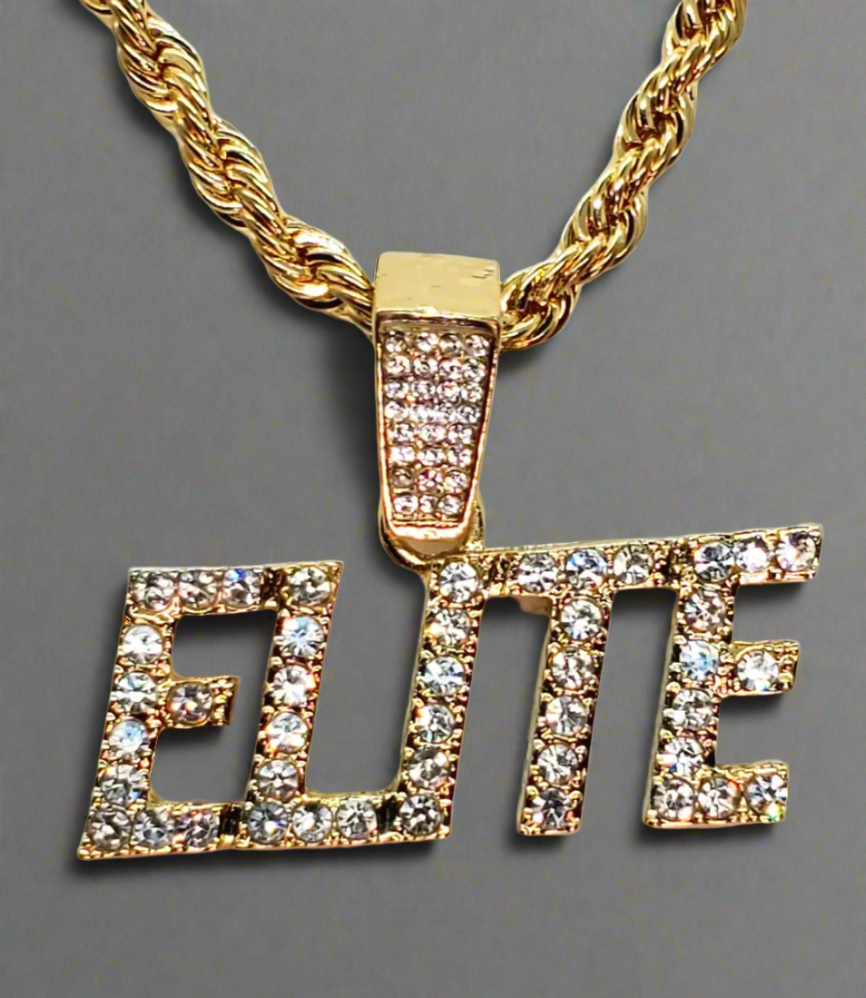 Men's Gold Plated "ELITE" Rhinestone Charm Pendant Necklace