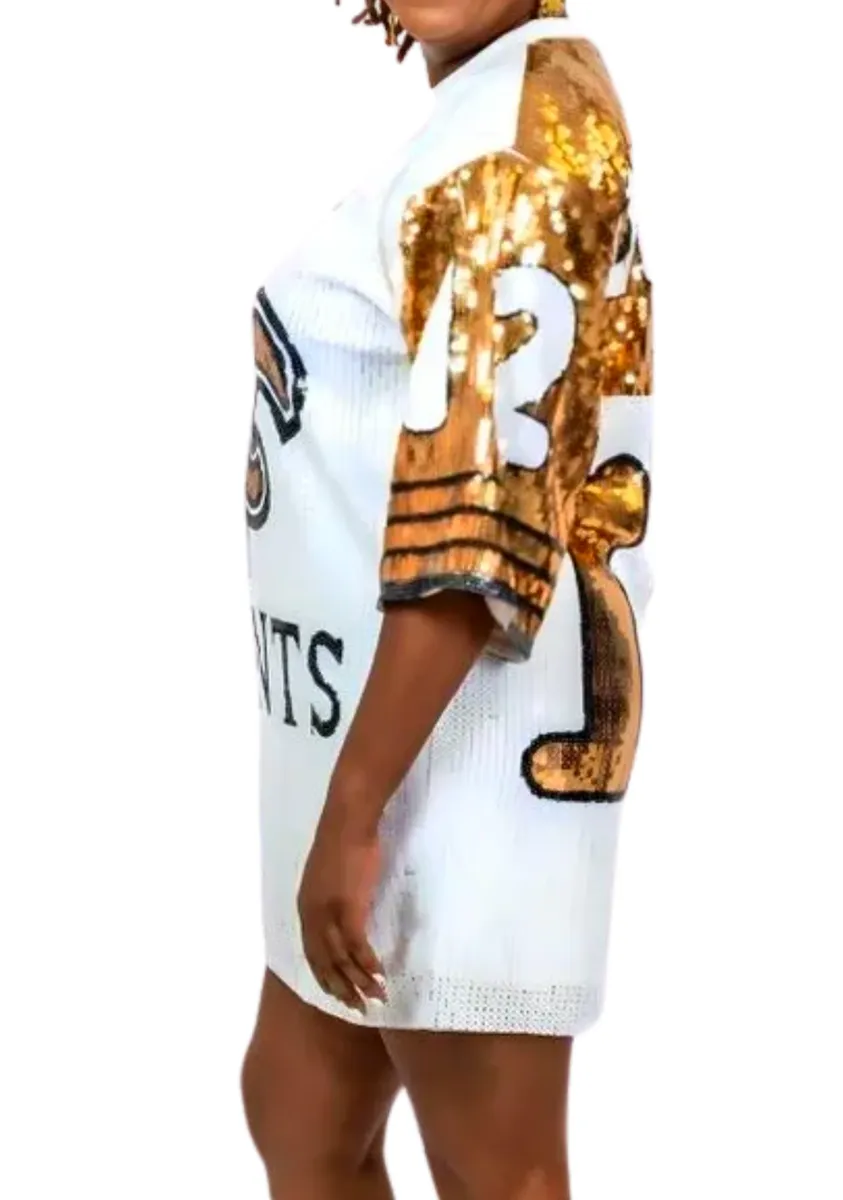 Chris Olave White & Gold #12 Sequin Jersey Dress