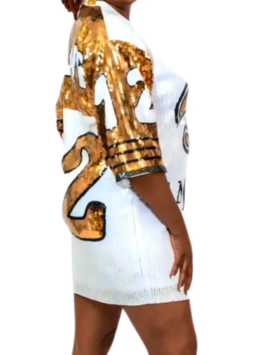 Chris Olave White & Gold #12 Sequin Jersey Dress