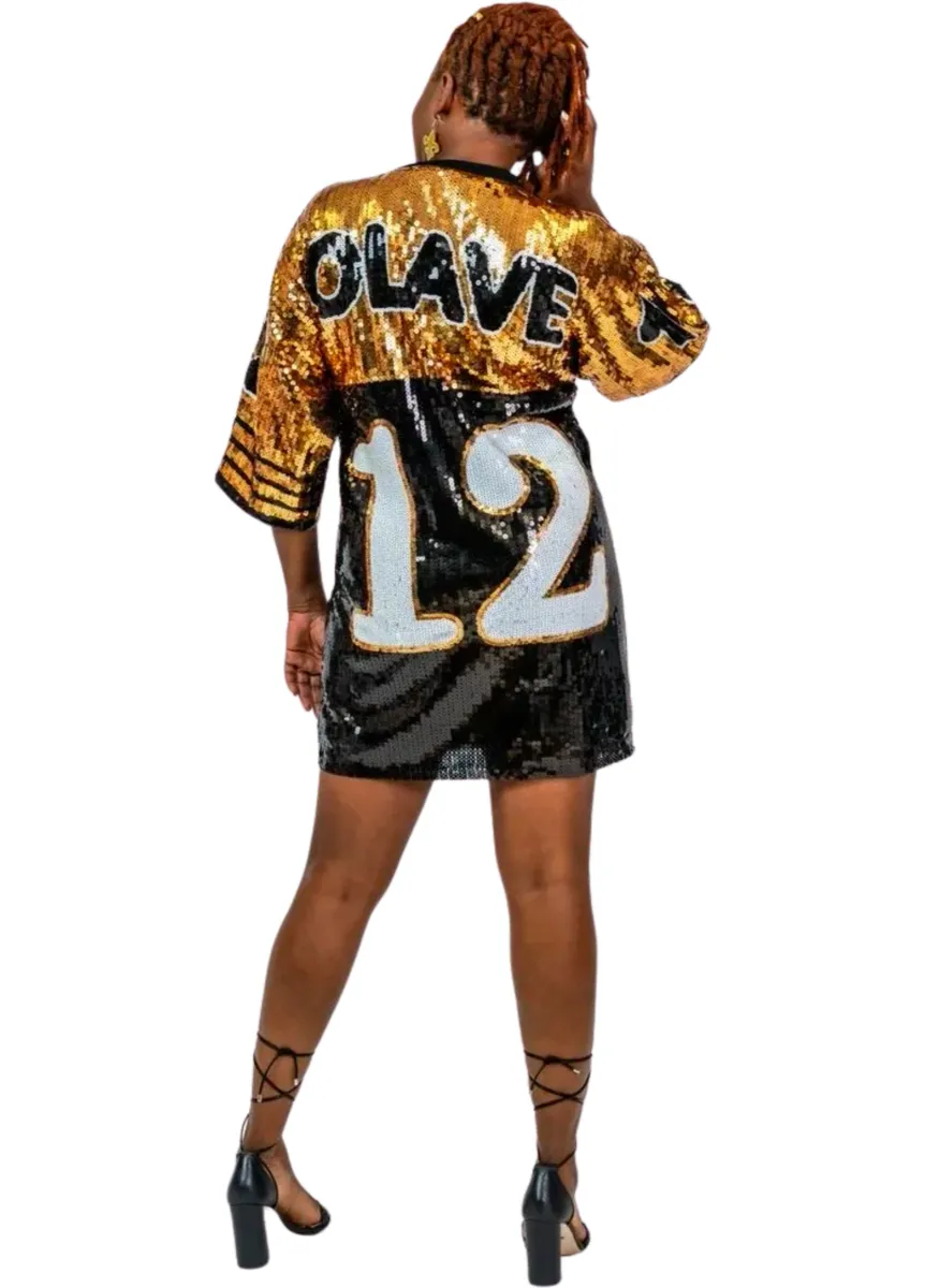 black and gold sequin jersey dress