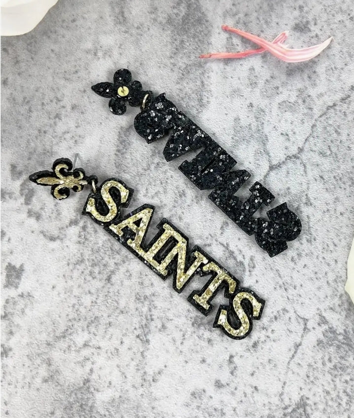 Black and Gold Glitter "SAINTS" Fleur De Lis Earrings