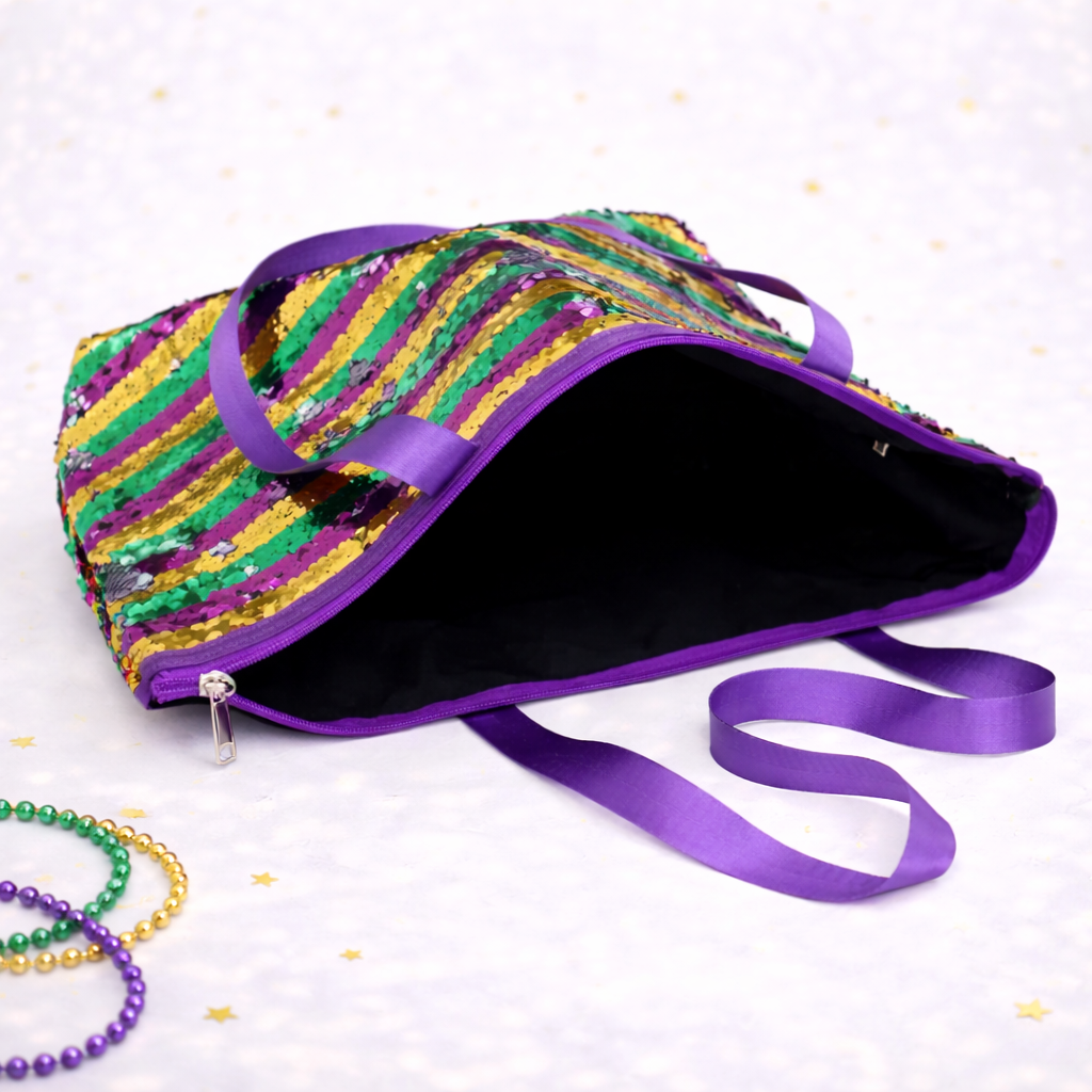 Mardi Gras Stripes Sequin Tote Shoulder Bag