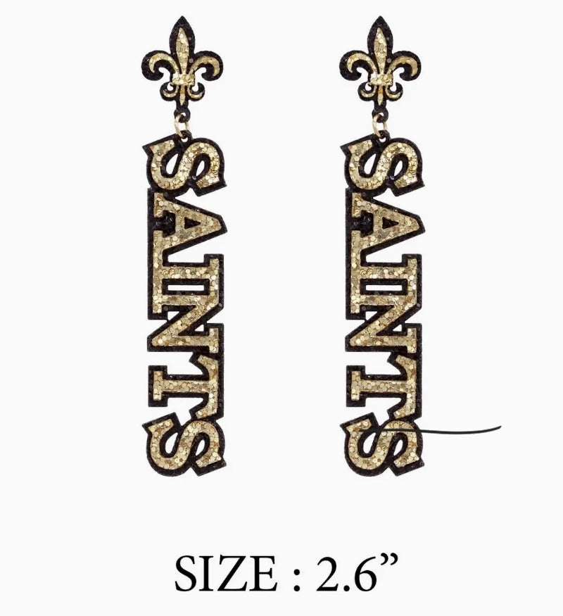 Black and Gold Glitter "SAINTS" Fleur De Lis Earrings