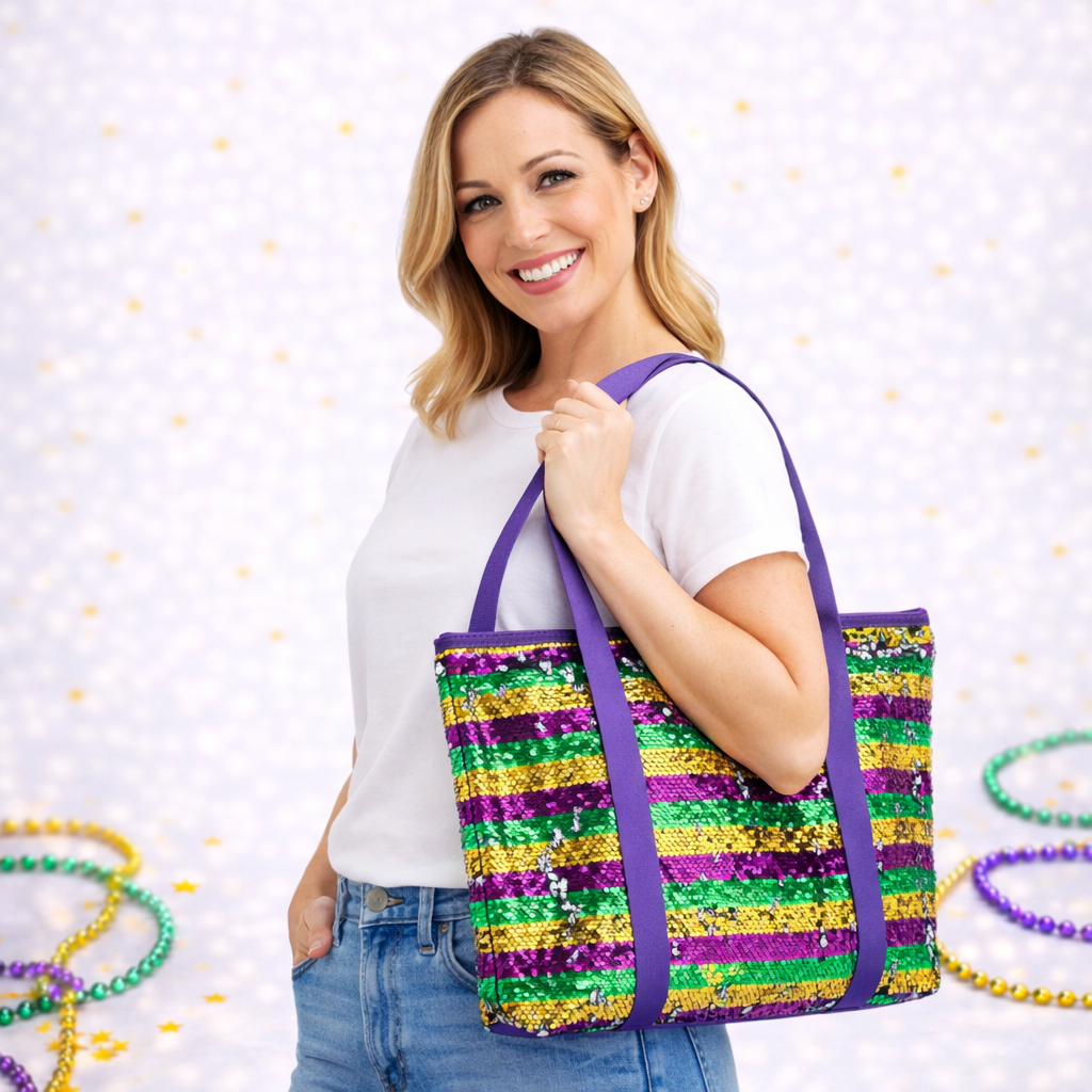 Mardi Gras Stripes Sequin Tote Shoulder Bag