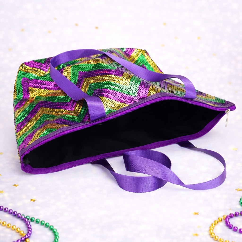Mardi Gras Chevron Sequin Tote Shoulder Bag