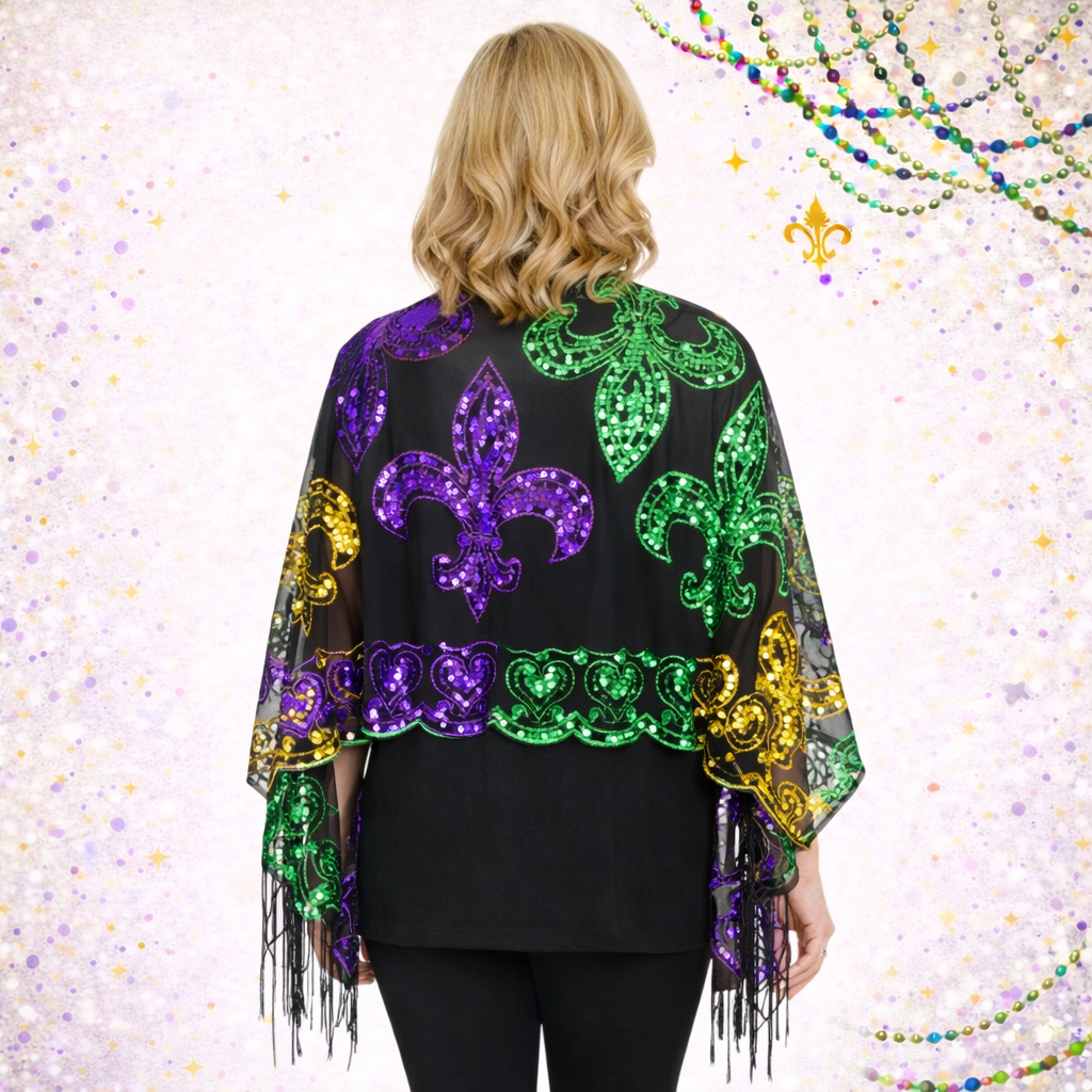 Mardi Gras Fleur De Lis Fringe Sequin Oblong Scarf