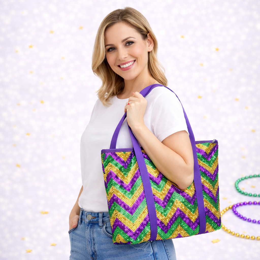 Mardi Gras Chevron Sequin Tote Shoulder Bag