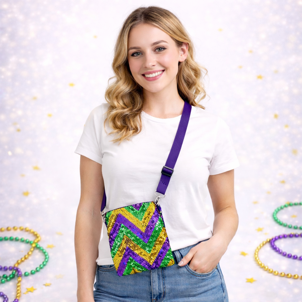 Women's Mardi Gras Chevron Sequin Crossbody Bag