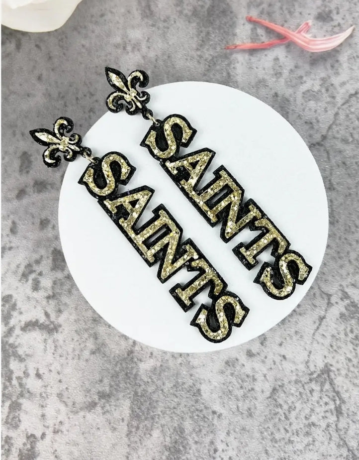 Black and Gold Glitter "SAINTS" Fleur De Lis Earrings