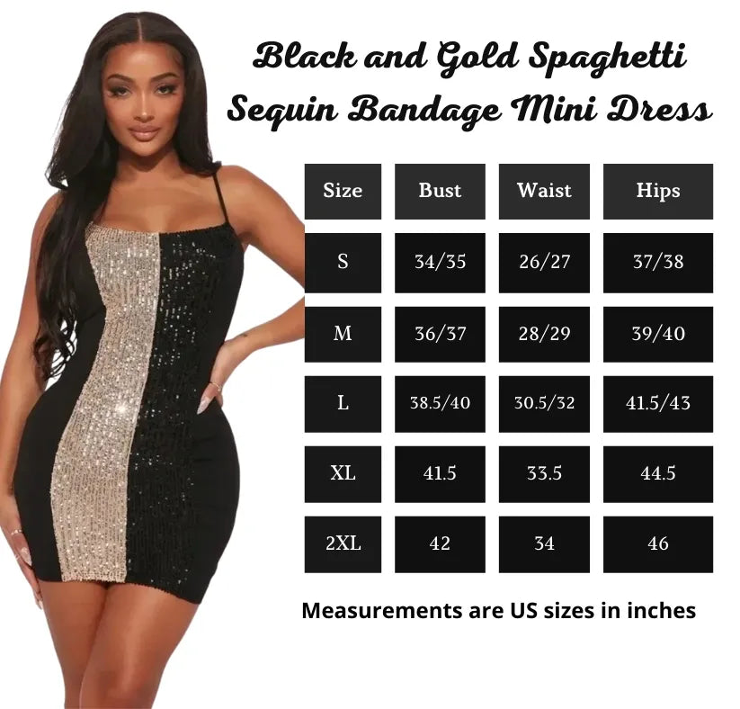 Women's Black and Gold Spaghetti Strap Sequin Bandage Mini Dress