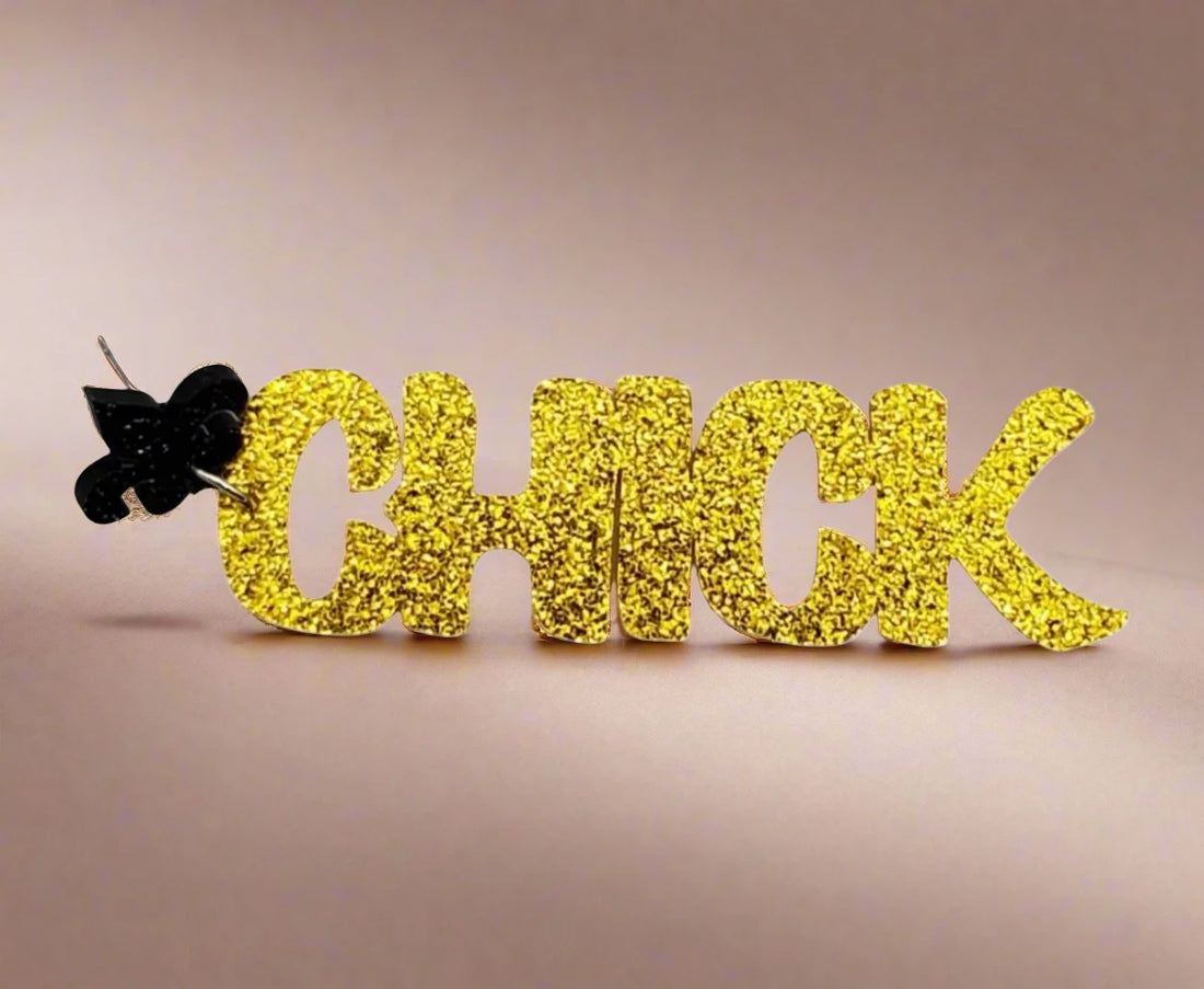 Women's Black & Gold "Dat Chick" Glitter Dangle Earrings