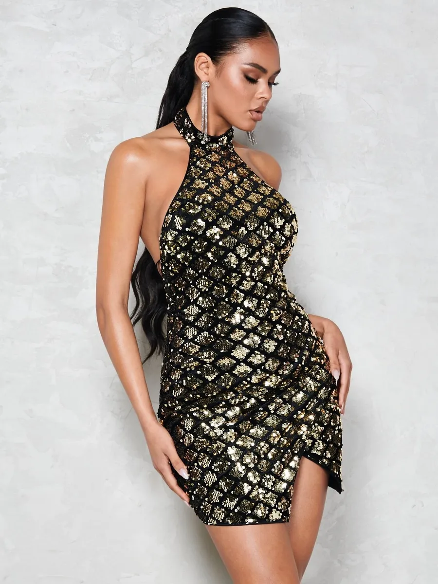 Women's Black and Gold Bae Split Hem Sequin Halter Dress