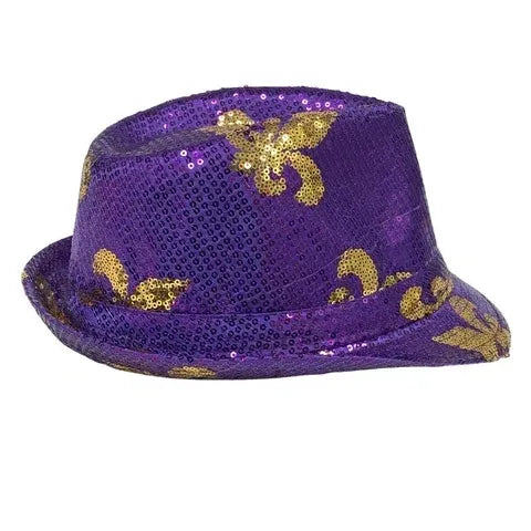 Mardi Gras Purple Sequin Fedora with Gold Fleur De Lis