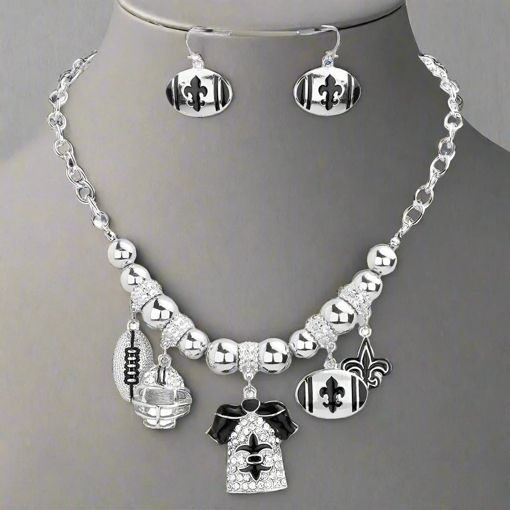 Women's Silver Fleur De Lis Rhinestone Jersey Charm Necklace & Earring Set