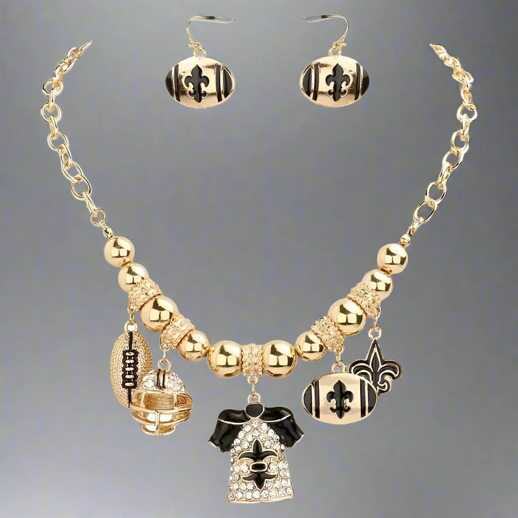 Women's Gold Fleur De Lis Rhinestone Jersey Charm Necklace and Earring Set