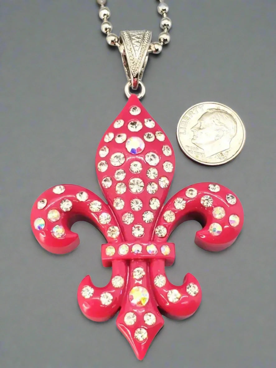 Women's Fleur De Lis Hot Pink Rhinestone Pendant Necklace