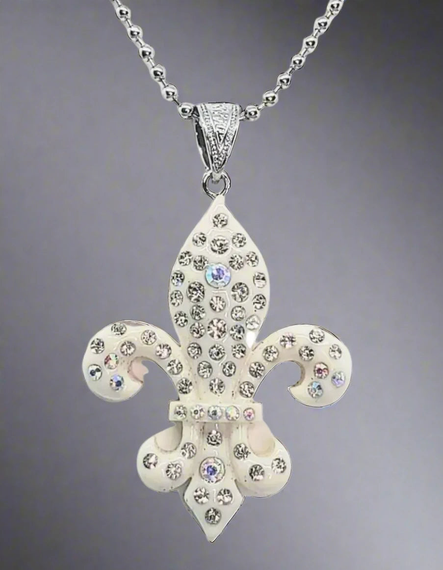 Women's White Rhinestone Fleur De Lis Pendant Necklace