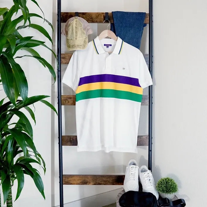 Men's Mardi Gras White Short Sleeve Color Block Polo Shirt