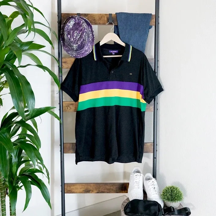 Men's Mardi Gras Black Short Sleeve Color Block Polo Shirt