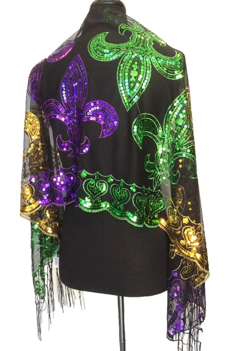 Mardi Gras Fleur De Lis Fringe Sequin Oblong Scarf