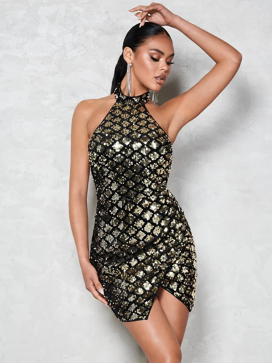 Women's Black and Gold Bae Split Hem Sequin Halter Dress