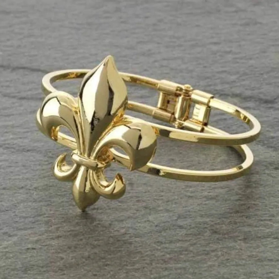 Gold Fleur De Lis Cuff Bangle Bracelet