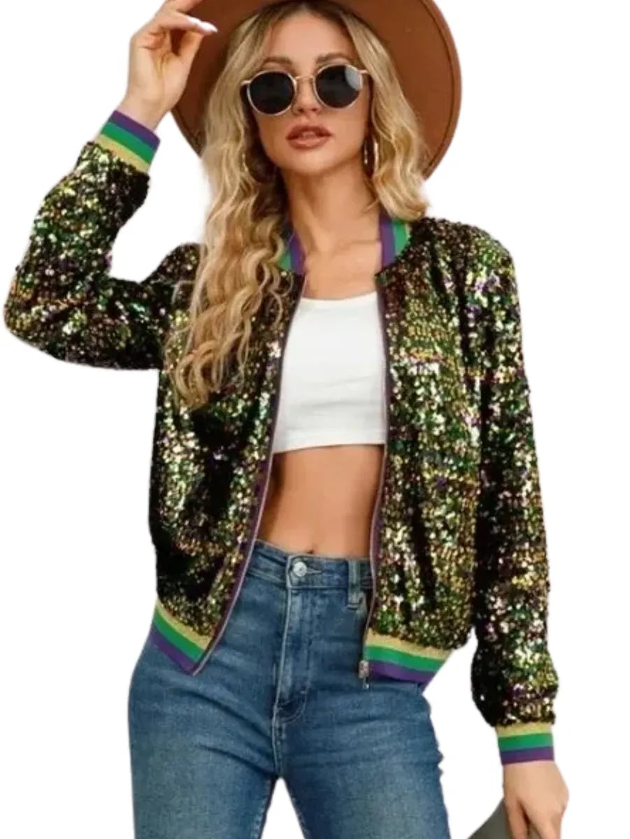 Mardi Gras Tri-Colored Confetti Sequin Bomber Jacket