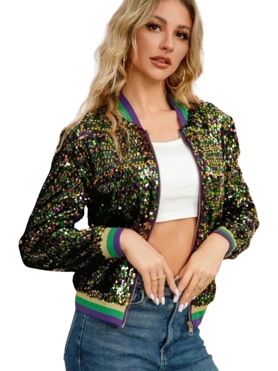 Mardi Gras Tri-Colored Confetti Sequin Bomber Jacket