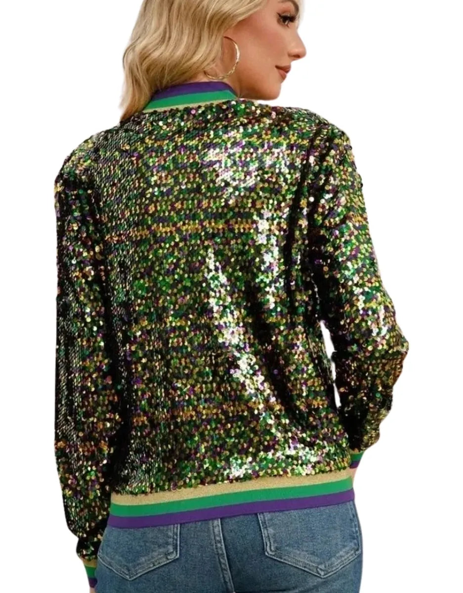 Mardi Gras Tri-Colored Confetti Sequin Bomber Jacket