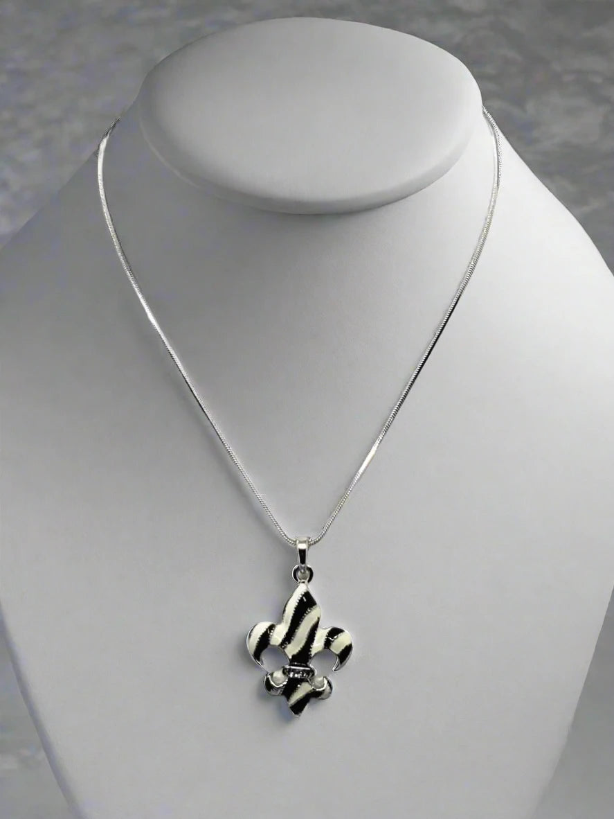 Women's Fleur De Lis Black & White Zebra Strips Silver Pendant Necklace