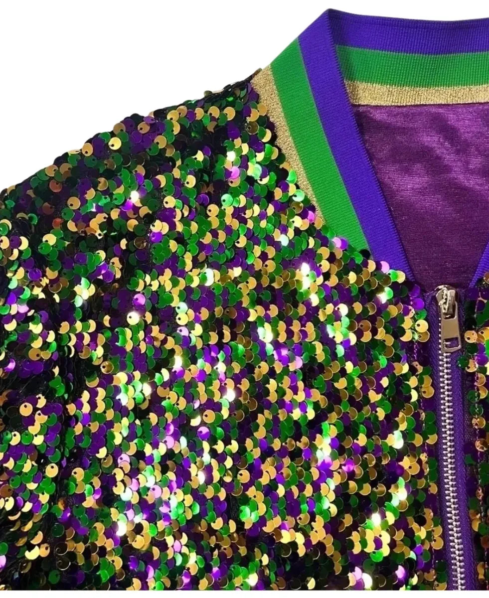 Mardi Gras Tri-Colored Confetti Sequin Bomber Jacket