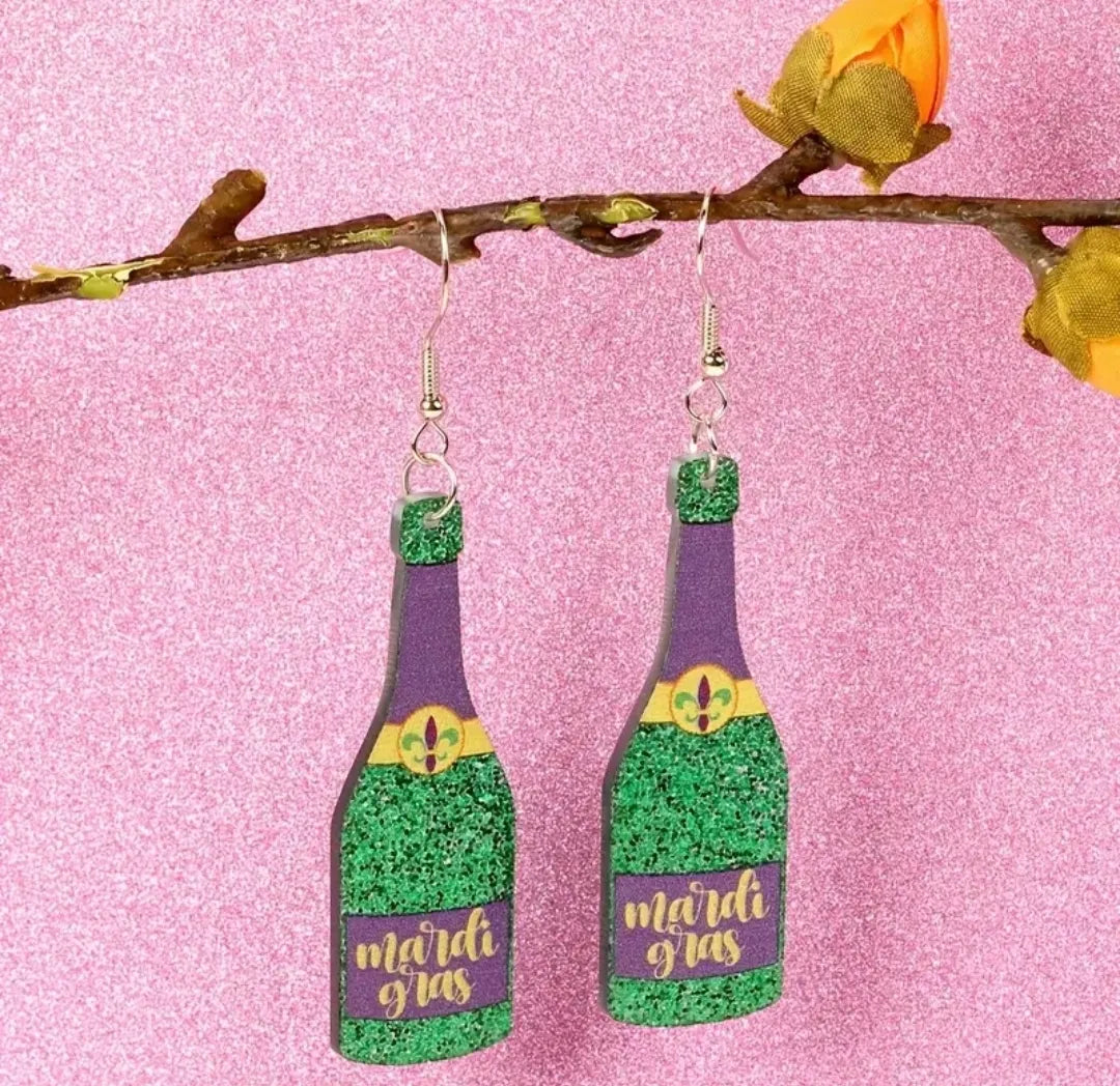 Mardi Gras Purple Glitter Champaign earrings