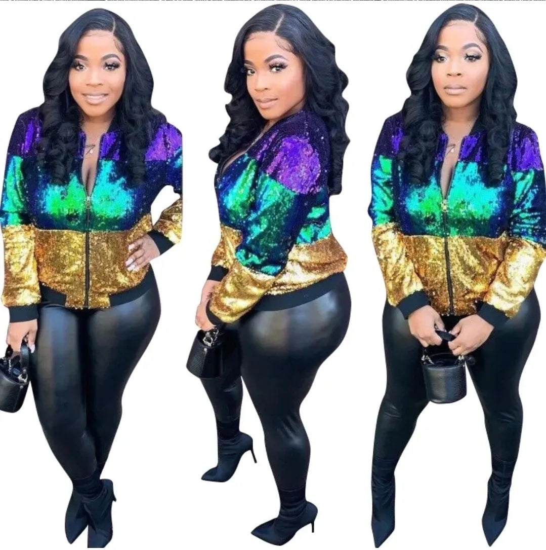 Mardi Gras Color Block Sequin Bomber Jacket