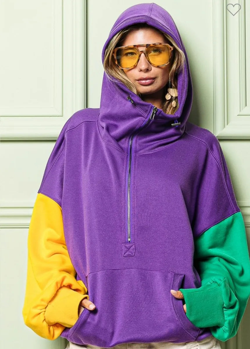 Women's Mardi Gras Color Block Half Zip Up Kangaroo Pocket Hoodie