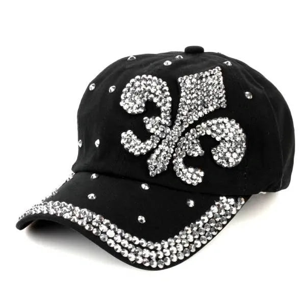 Women's Black & Silver Fleur De Lis Adjustable Rhinestone Cap