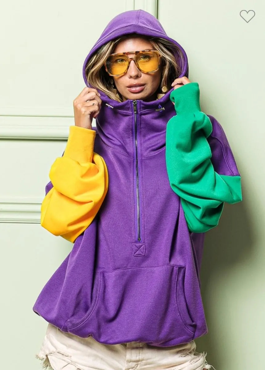 Women's Mardi Gras Color Block Half Zip Up Kangaroo Pocket Hoodie