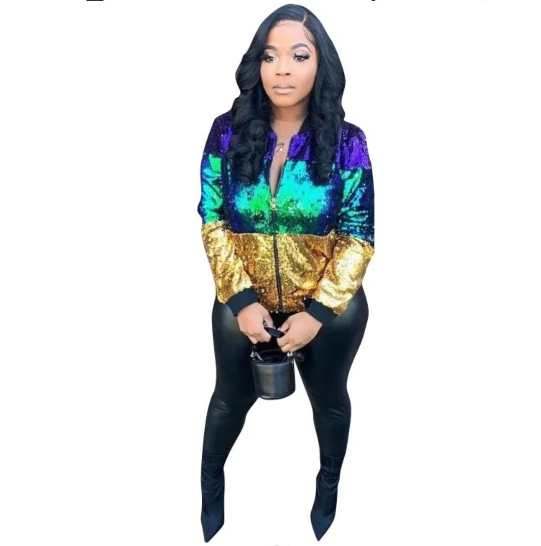 Mardi Gras Color Block Sequin Bomber Jacket