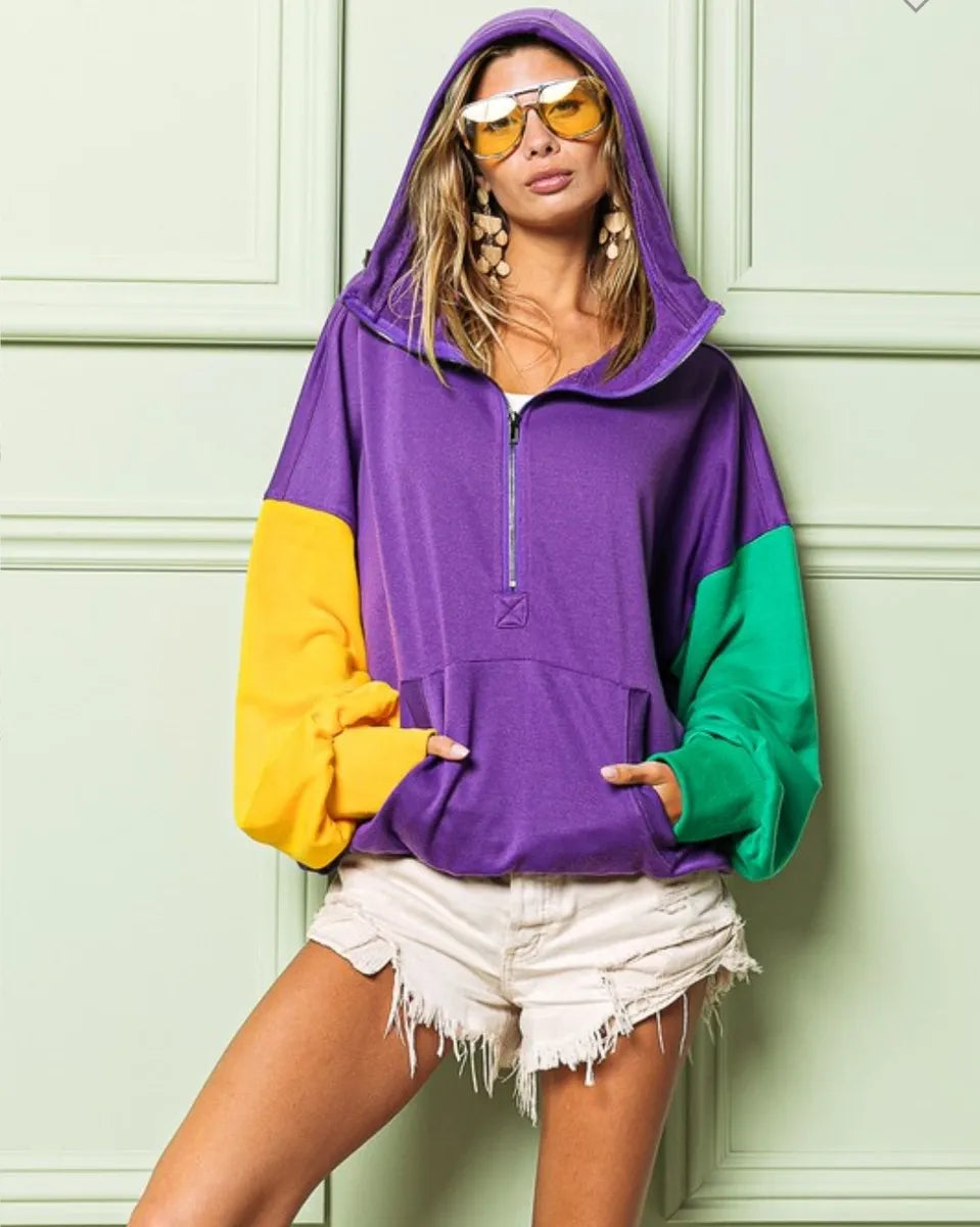 Women's Mardi Gras Color Block Half Zip Up Kangaroo Pocket Hoodie