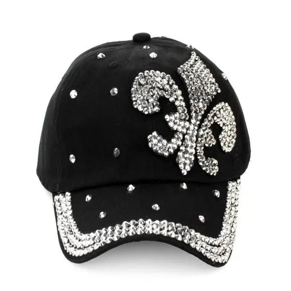 Women's Black & Silver Fleur De Lis Adjustable Rhinestone Cap