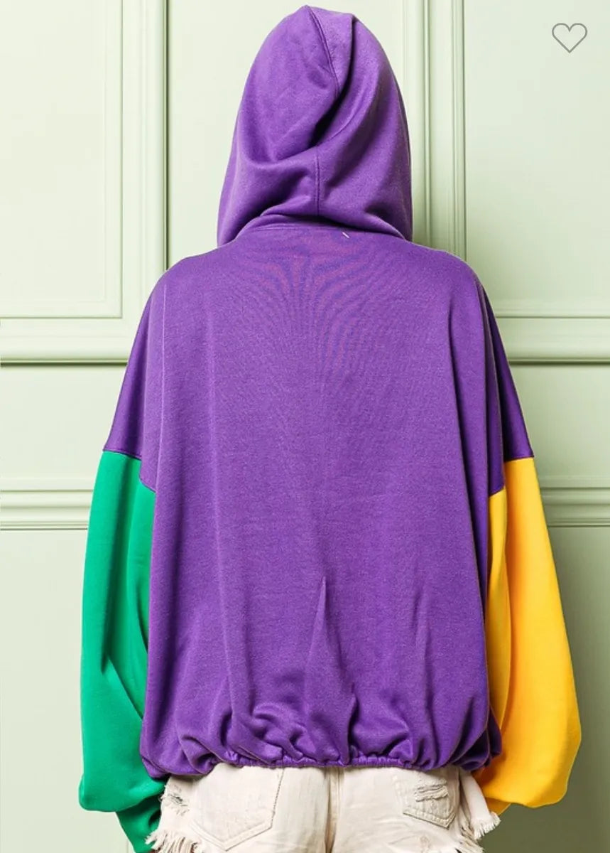 Women's Mardi Gras Color Block Half Zip Up Kangaroo Pocket Hoodie