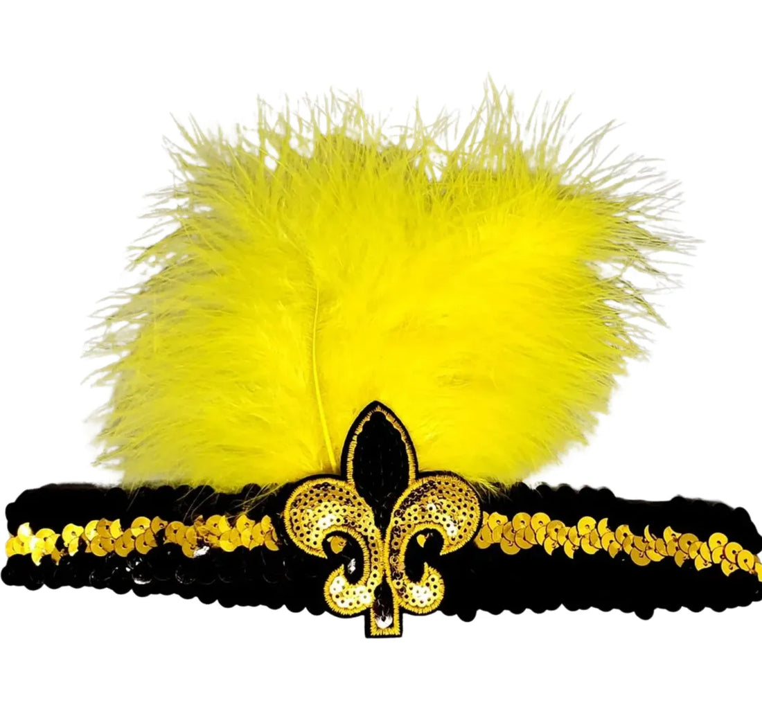 Black and Gold Sequin Headband with Fleur De Lis and Feathers