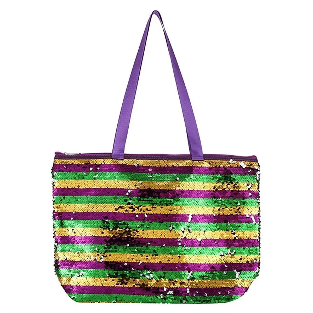 Mardi Gras Stripes Sequin Tote Shoulder Bag