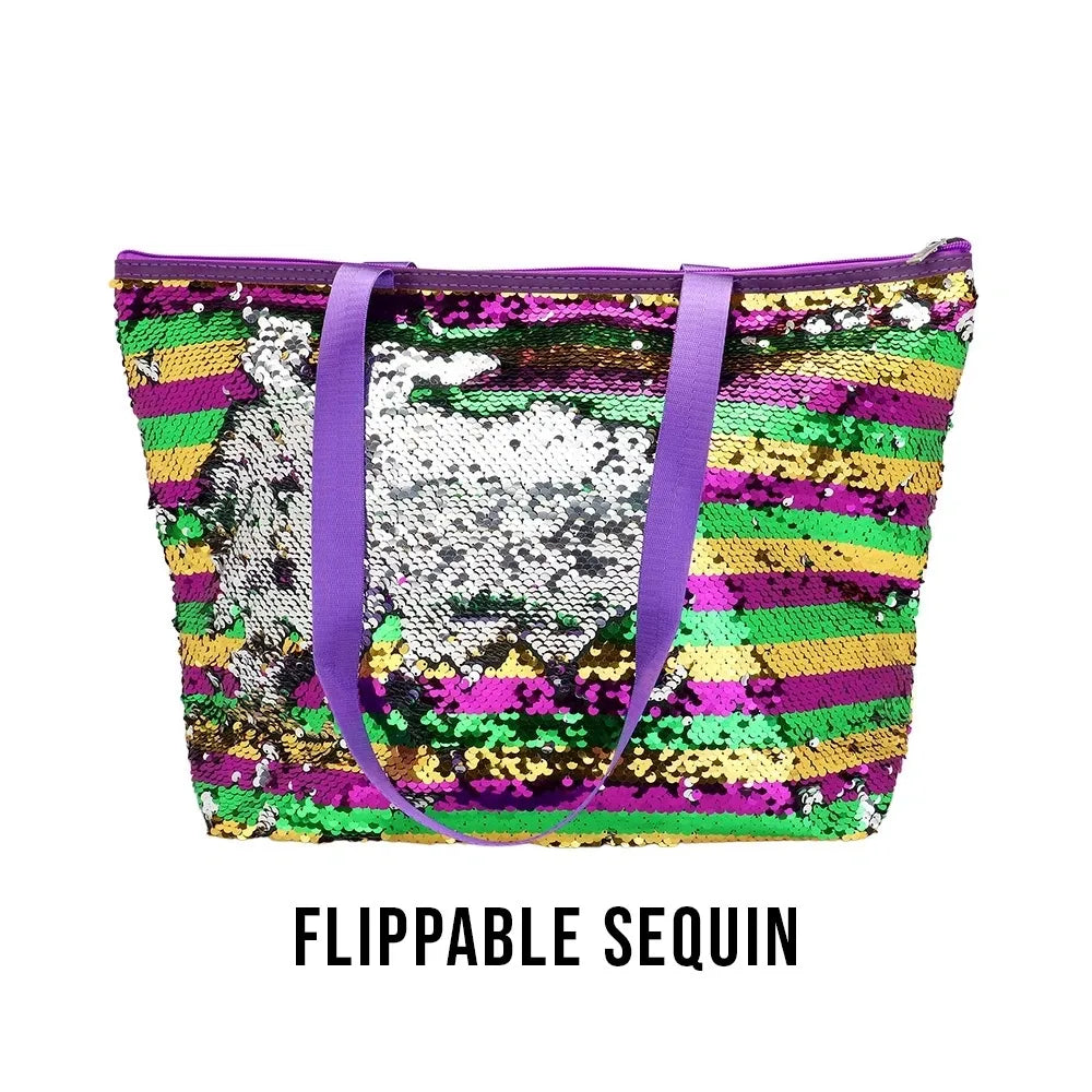 Mardi Gras Stripes Sequin Tote Shoulder Bag