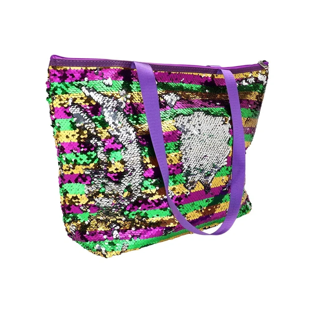 Mardi Gras Stripes Sequin Tote Shoulder Bag