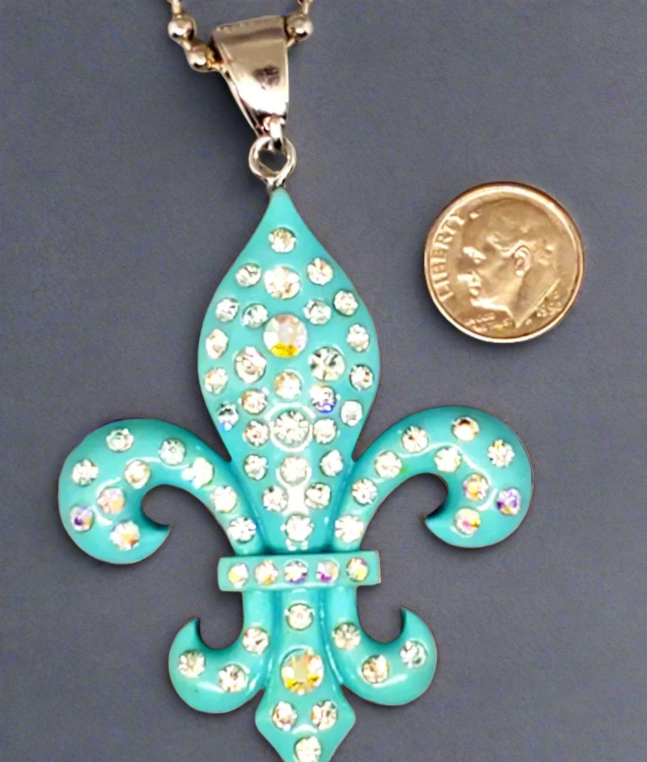 Women's Sky Blue Fleur De Lis Blinging Rhinestone Pendant Necklace