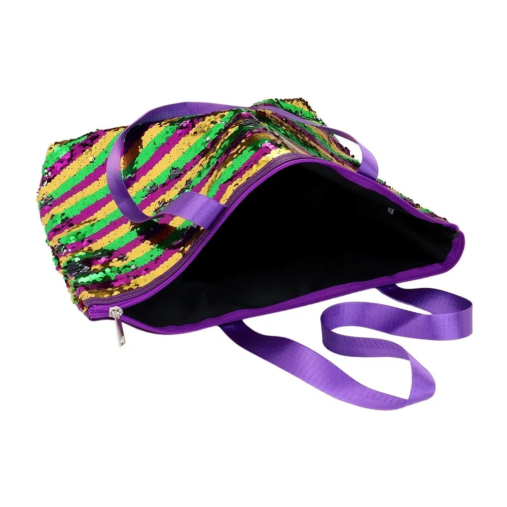 Mardi Gras Stripes Sequin Tote Shoulder Bag