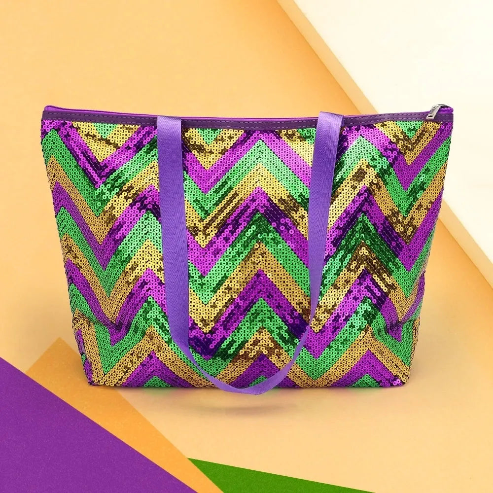 Mardi Gras Chevron Sequin Tote Shoulder Bag